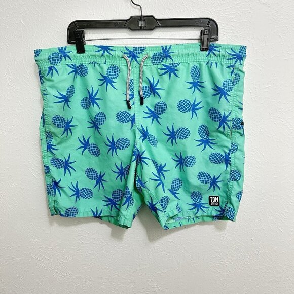 Tom Teddy Swim Trunks Green Blue Pineapple Print Liner Pockets Stretch Summer M - Picture 1 of 12